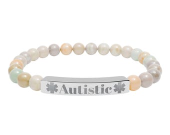 Autistic Engraved Natural Stone Stretch Bar Bracelet | Beaded Awareness Jewelry - Medical Alert