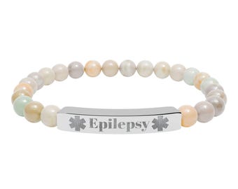 Engraved Epilepsy Medical Alert Bar Bracelet | Natural Stone Bead Bracelet