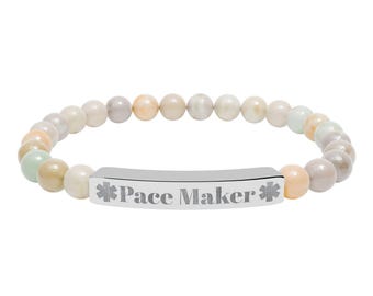 PaceMaker medical alert - natural stone stretch bar bracelet | engraved bead bracelet