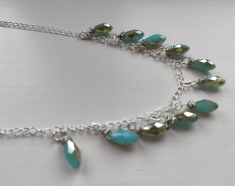 Necklaces: teat-drop turquoise green Chinese crystals copper wire wrapped necklace with  silver or gold plated chain