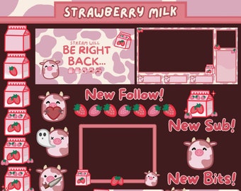 Strawberry Milk/Cow Twitch PACKAGE | Animated Overlay | Emotes | Sub/Bit Badges | Panels