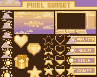 Pixel Sunset Twitch PACKAGE | Animated Overlay | Customisable | Emotes | Badges | Panels