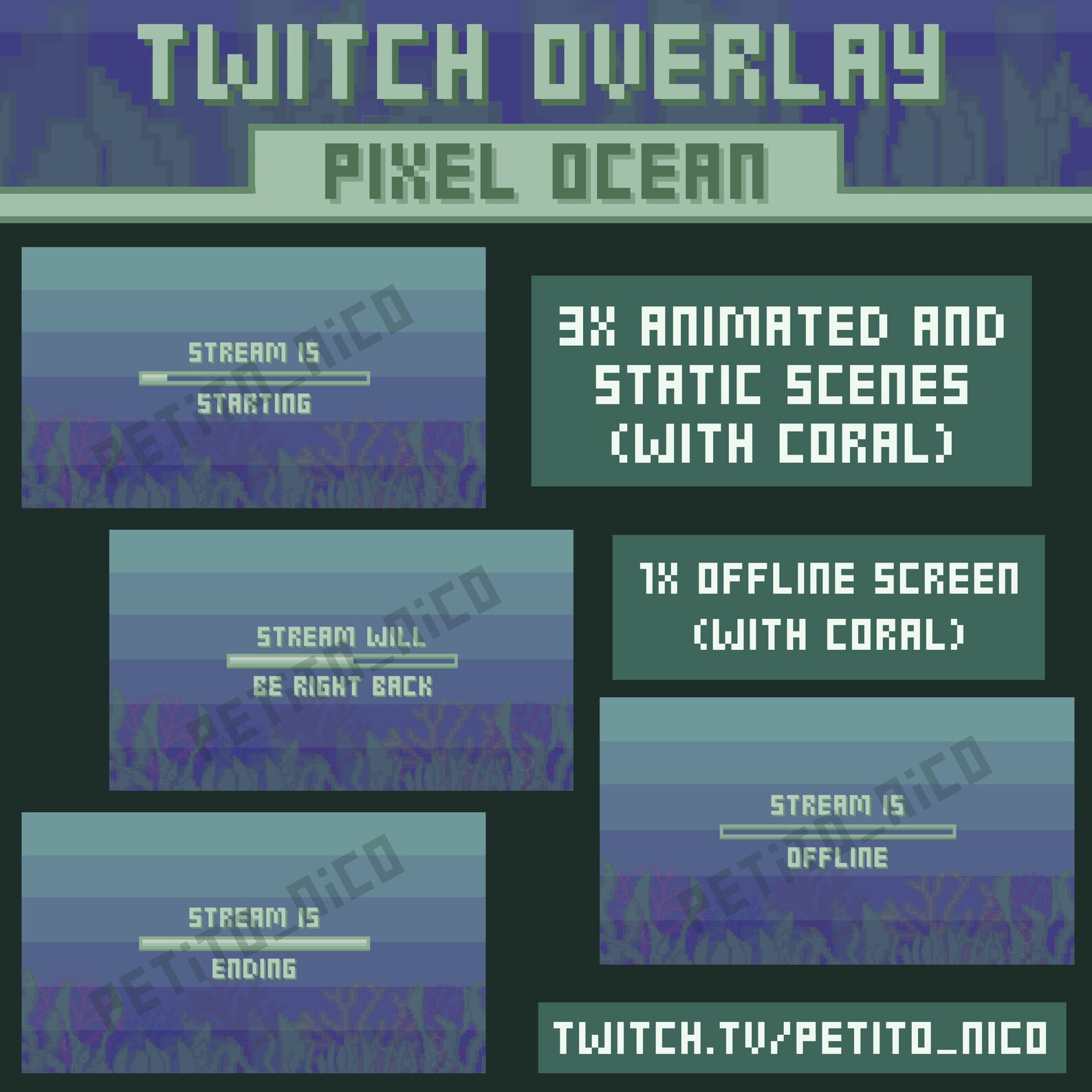 Pixel Ocean Twitch PACKAGE | Animated Overlay | Customisable | Emotes ...