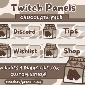 Może przedstawiać: Zestaw pięciu paneli Twitch z kreskówkową ilustracją kartonu z czekoladowym mlekiem. Panele są oznaczone jako "Discord", "Tips", "Wishlist", "Shop" i "Zawiera 1 pusty plik do personalizacji!" Tekst "twitch.tv/petito_nico/" znajduje się na dole obrazu.