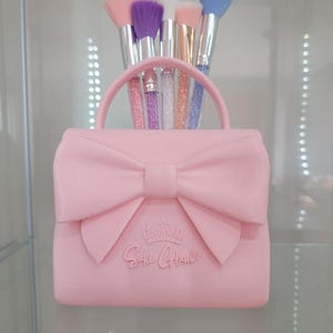 Pretty in Pink Bow Handbag Vanity & Home Decor Makeup Organizer and Brush Holder