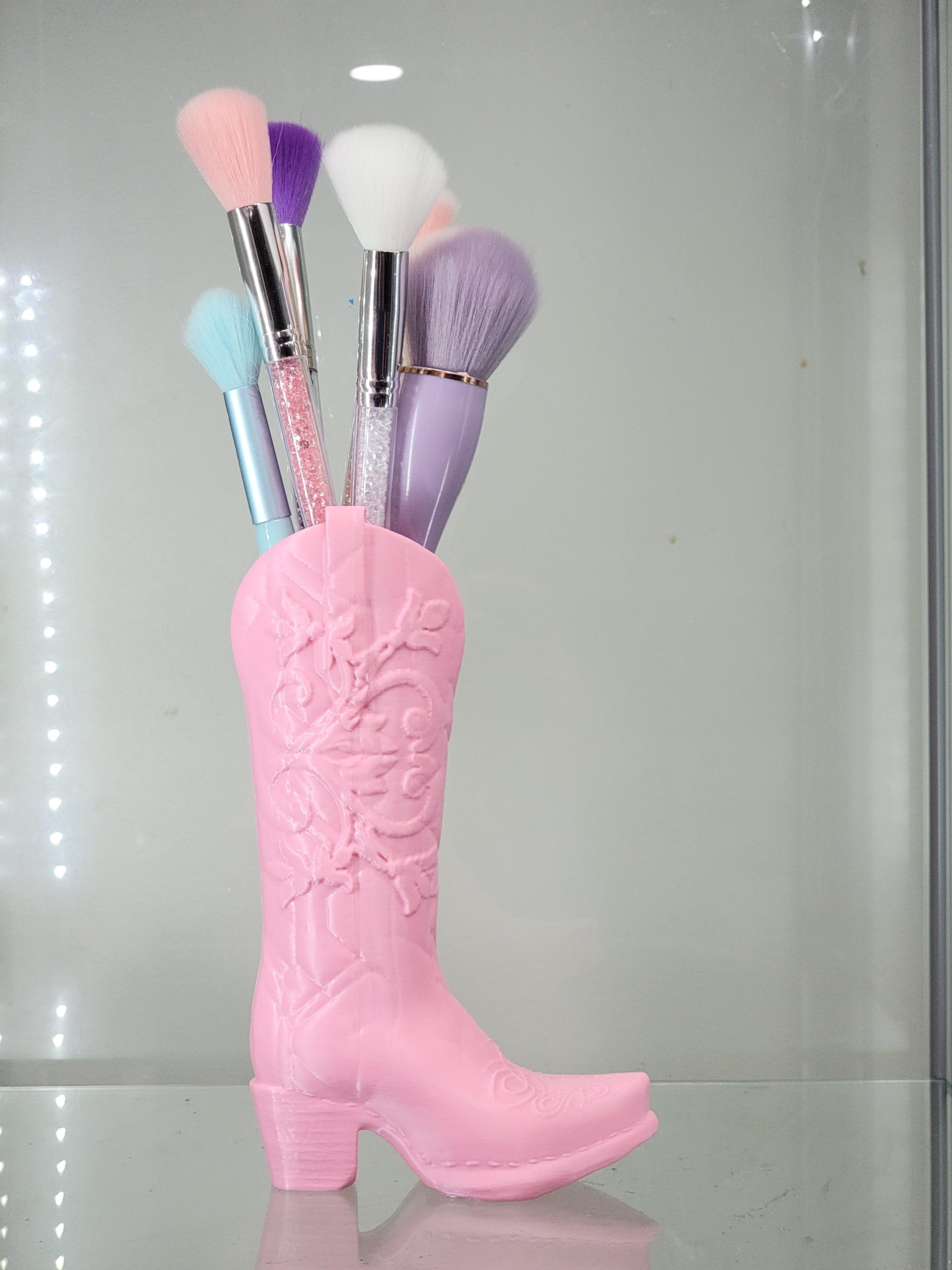 3D Printed Pink Cowboy Boot Brush Holder - Vanity & Home Decor Makeup Organizer and Brush Holder