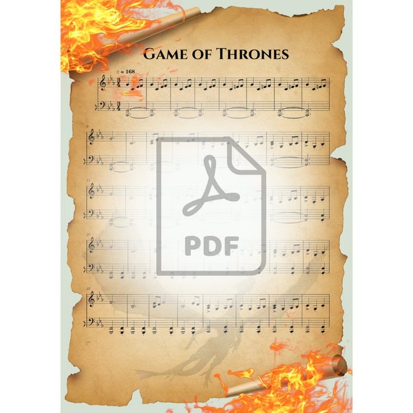 Sheet music "Game of Thrones" colorful PDF digital file for easy piano playing. Popular theme from famous serial. 3 pages Intermediate level