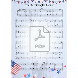Puede incluir: Una partitura musical para la canción "The Star-Spangled Banner" con un fondo azul y estrellas rojas, blancas y azules. La música está escrita en notación estándar con una clave de sol y una clave de fa.