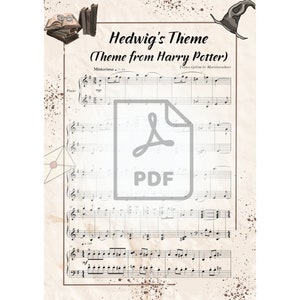 May include: Sheet music for "Hedwig's Theme" from Harry Potter, featuring musical notation and the text "Hedwig's Theme" and "Theme from Harry Potter." The PDF document is decorated with a witch's hat, books, and a letter.