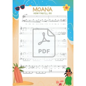 Piano Notes &quot;How far I&#39;ll Go&quot;- Instant Download for Beginners and Kids. PDF piano sheet music with lirycs