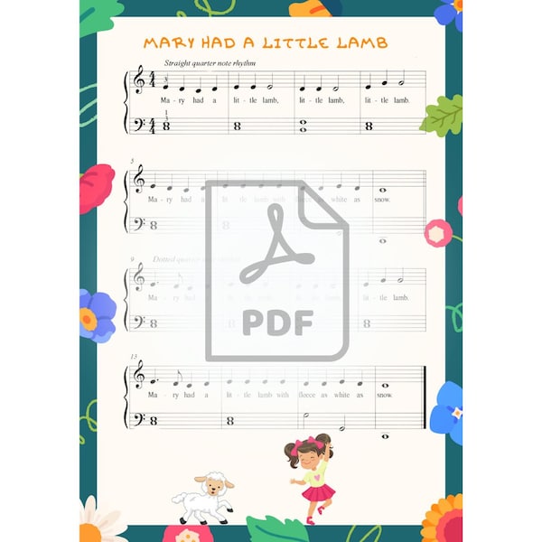 Piano notes "Mary had a little lamb" - easy PDF song digital file for kids and sheet music for beginners with lyrics