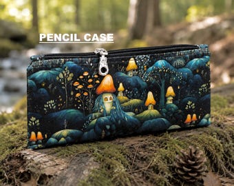 Astuccio per matite, astuccio con cerniera a tema foresta di funghi, piccola borsa per il trucco, custodia per cosmetici, organizer da viaggio