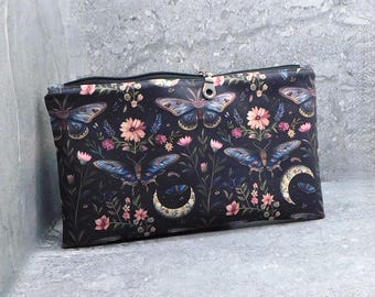 Moth Zipper Pouch, Crescent Moon Floral Bag, Goddesscore Gift