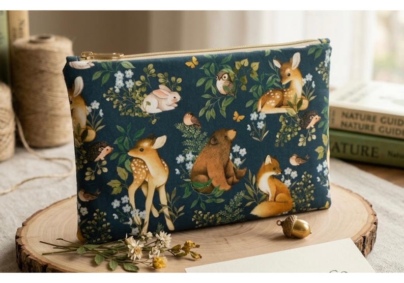 May include: A zippered pouch with a dark teal background featuring a woodland scene. The design includes illustrations of deer, rabbits, foxes, birds, and a bear amidst floral and foliage elements. The pouch has a gold zipper.