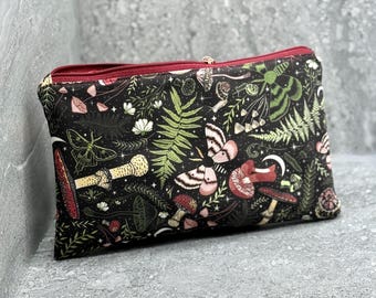 Goblincore Zipper Pouch, Moth Mushroom Print, Dark Academia Makeup Bag