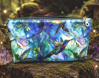 Hummingbird Zipper Pouch – Floral Cosmetic Bag, Vibrant Jewel Tones
