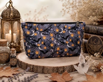Witchy Bat Zipper Pouch with Moon and Autumn Leaves | Halloween Cosmetic Bag | Dark Cottagecore Organizer