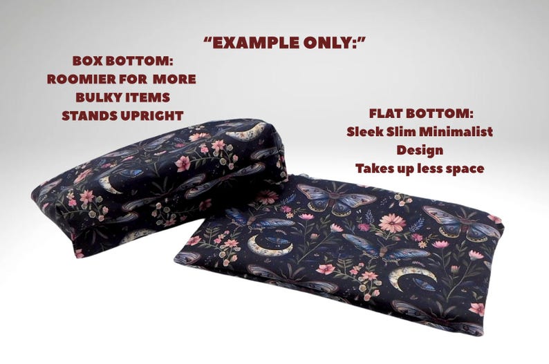 May include: Two decorative pillows with a dark blue floral pattern featuring butterflies, flowers, and crescent moons. One pillow has a box bottom and the other has a flat bottom. The text "EXAMPLE ONLY:" is in the image.
