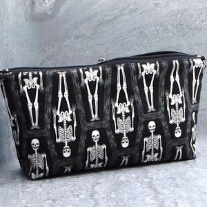 Zipper Skeleton Coffin Bag  9&quot; X 6&quot; / Goth  Makeup Bag / Vintage Horror Pouch for Cosmetics, Phone, Money / Coffin Purse, Spooky Coin Purse