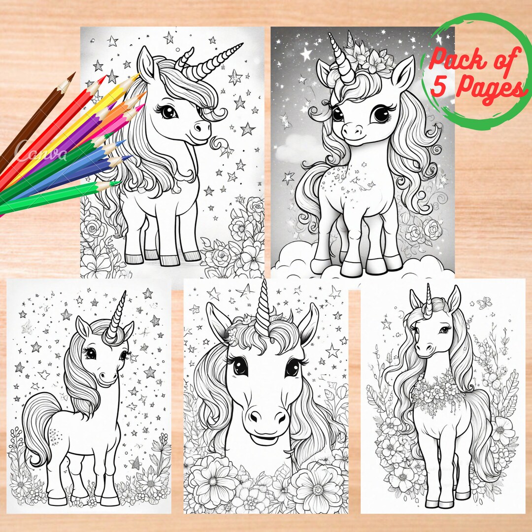 Unicorn Coloring Pages for Kids & Adults Pack of 5 A4 Size Coloring ...