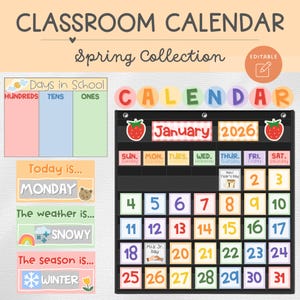 Könnte beinhalten: Ein Klassenkalender mit dem Text "CLASSROOM CALENDAR Spring Collection" oben. Der Kalender enthält eine Monatsansicht für Januar 2026, einen Abschnitt "Schultage" und Abschnitte für "Heute ist..." und "Das Wetter ist..." mit dem Wort "SNOWY".