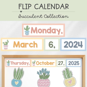 Classroom Flip Calendar, Classroom Decor, Printable, Succulent