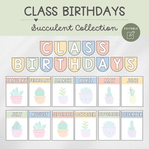 Classroom Birthday Display, Birthday Bulletin Board, Editable, Succulent