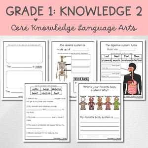 Puede incluir: Hojas de trabajo educativas para el Grado 1, centradas en las Artes del Lenguaje del Conocimiento Central. Las hojas de trabajo cubren temas como los sistemas esquelético y digestivo, con ejercicios para completar y diagramas.