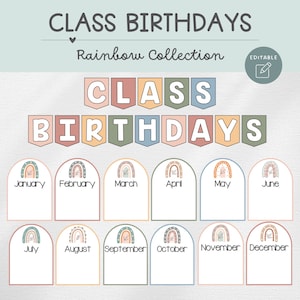 Classroom Birthday Display, Birthday Bulletin Board, Editable, Rainbow