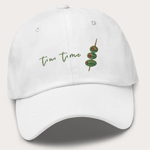 Tini Time Embroidered Dad Hat in White, Dirty Martini Hat with Olives | Aesthetic Cocktail Lover Gift, Bachelorette Hat, Summer Baseball Cap