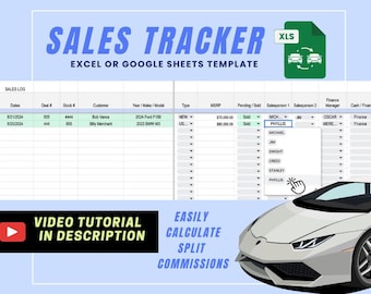 May include: A spreadsheet template for tracking sales, with a blue background and a white grid. The spreadsheet includes columns for date, deal number, stock number, customer, year, make, model, type, MSRP, pending/sold, salesperson 1, salesperson 2, finance manager, cash/finance. The spreadsheet is titled "Sales Tracker" and has a green icon with a car in the upper right corner. The text "Video Tutorial in Description" is in a red rectangle with a play button in the lower left corner. The text "Easily Calculate Split Commissions" is in a black rectangle in the lower right corner. A white sports car is in the lower right corner.