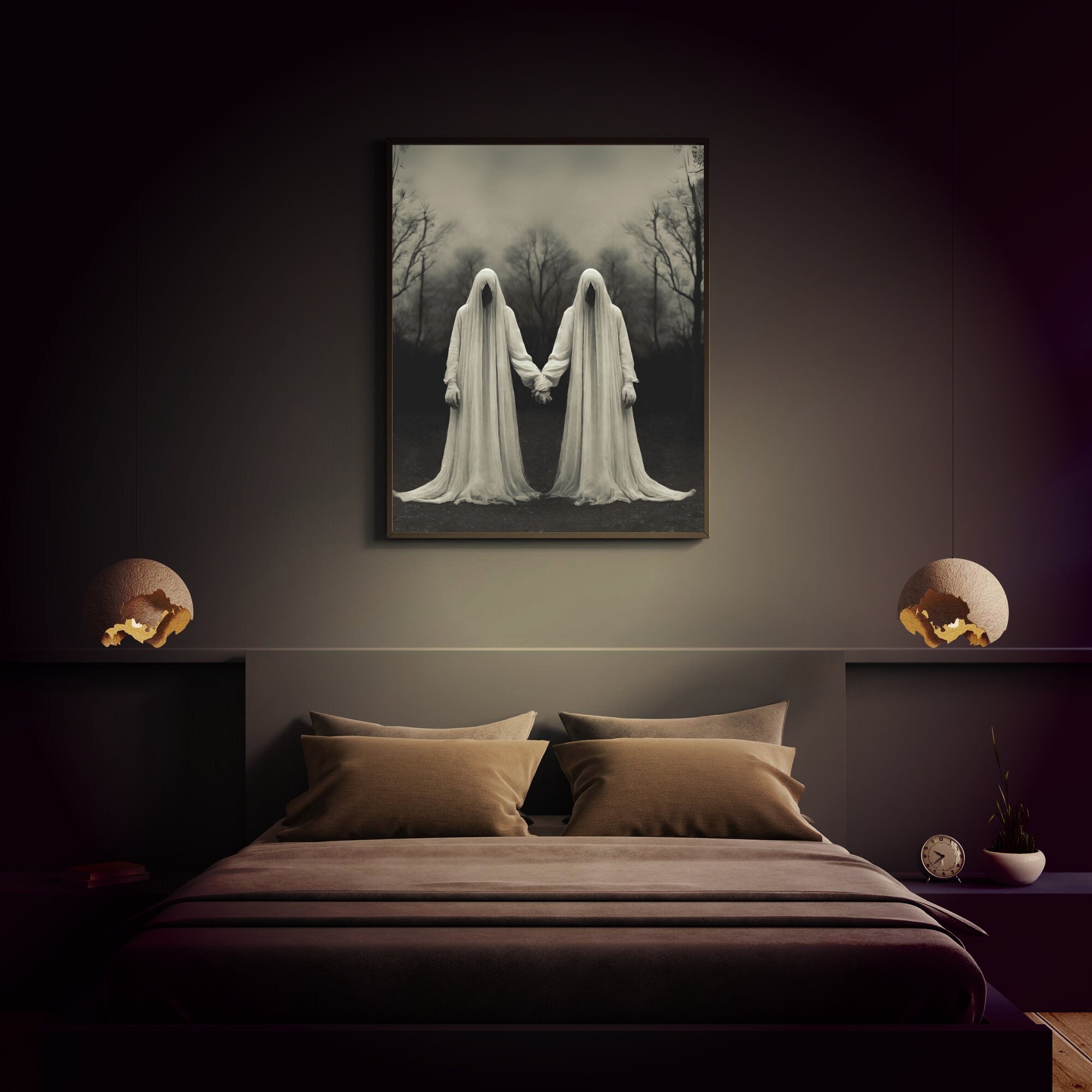 Two Ghosts Holding Hands, Vintage Halloween Indoor Decoration, Digital Art Print, Dark Academia