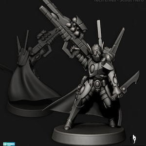 Puede incluir: Una figura en miniatura gris de un Tech Elf Scout Hero, sosteniendo un rifle grande y una espada. La figura lleva una armadura y una capa. El texto "Tech Elves - Scout Hero" es visible en la parte superior.