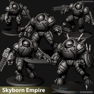 May include: A collection of gray, futuristic robot figures, each posed with different weapons and accessories. The robots are on circular bases, and the text "Skyborn Empire" is at the bottom of the image. The robots have a detailed, mechanical design.