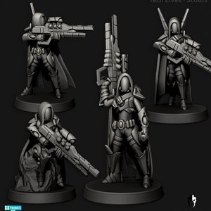 Puede incluir: Múltiples vistas de figuras de Tech Elves - Scouts. Las figuras son de estilo futurista, con armadura elegante, cascos con capucha y rifles grandes. Las figuras están sobre bases redondas y están en varias poses de acción.