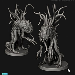 May include: Two detailed 3D-printed figures of a creature with a spiky, textured body, multiple tentacles, and sharp teeth. The figures are on circular bases, with the text "Spawn of Change 02" at the top.