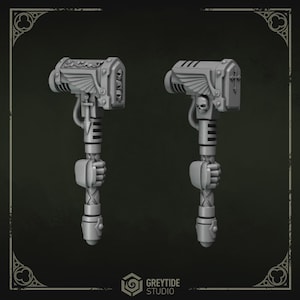 Peut inclure: Deux marteaux de guerre gris détaillés avec des motifs ornés. Chaque marteau présente un emblème ailé, un crâne et une croix. Les manches ont une prise texturée et une forme de poing. Ces marteaux sont probablement pour les jeux de table ou le cosplay.