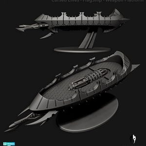 Puede incluir: Dos modelos detallados en miniatura de naves espaciales grises. El modelo superior está elevado sobre un soporte, mientras que el modelo inferior descansa sobre una base circular. El texto "Cursed Elves - FlagShip - Weapon Platform" es visible en la parte superior.