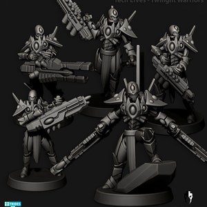 Könnte beinhalten: Eine Sammlung grauer Tech Elves-Miniaturen mit dem Titel "Twilight Warriors". Die Figuren sind in dynamischen Posen dargestellt und halten futuristische Waffen. Das Design zeichnet sich durch detaillierte Rüstungen und Helme mit einer Science-Fiction-Ästhetik aus. Das Bild enthält Logos und Webseitenadressen.