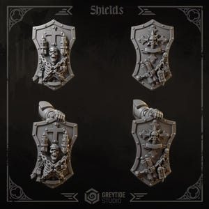 May include: Four gray shields with gothic designs. Two shields feature a skeleton, chains, and a cross. The other two shields have a skull, cross, and various tools. The word "Shields" is at the top.