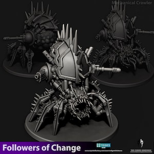 Könnte beinhalten: Graustufenbild von drei mechanischen Raupenminiaturen. Jede Raupe hat einen stacheligen, gepanzerten Körper, mehrere Beine und einen bedrohlichen, bezahnten Mund. Der Text "Followers of Change" befindet sich unten.