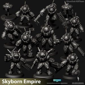 May include: A collection of gray, futuristic Skyborn Empire miniatures. The figures are robot-like with detailed armor and weaponry, including blasters. The image includes the text "Skyborn Empire" at the bottom, indicating the product's theme.