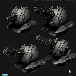 Puede incluir: Se muestran cuatro plataformas de armas pesadas Tech Elves de color gris oscuro. Cada plataforma presenta un cuerpo esférico con un cañón y estructuras en forma de ala. Se incluye el texto "Tech Elves - Heavy Weapons Platform".