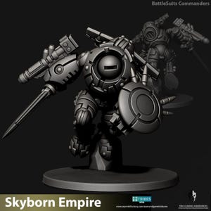 May include: A detailed, gray miniature robot figure with a shield and a long, bladed weapon. The figure is on a round base, with the text "Skyborn Empire" at the bottom. The image also includes the text "BattleSuits Commanders".