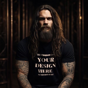 Black T-Shirt Mockup with Male Tattoo Model, Long Hair and Bearded Hipster Model, Urban Aesthetics, Handsome American Tattooed Man Mock