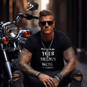 Black T-Shirt Mockup with Male Tattoo Biker  Model in the Street  ,Biker Street Mock , Urban Aesthetics, Handsome American Tattooed Man Mock