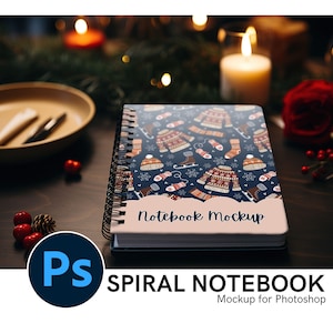 Spiral Notebook Mockup in Christmas Theme Background for Photoshop, Christmas Spiral Planner Mockup in PSD Files, Planner Mockup Journal