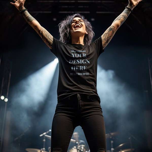 T-shirt Mockup with Tattooed Punk Hair Female Model at the Rock Concert Stage, Alternative Goth Woman Tattooed Punk Mockups T shirt