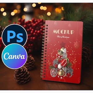 Spiral Notebook Mockup in Christmas Theme for Photoshop and Canva, Christmas Spiral Planner Mockup, Planner Mockup Journal for Canva and PSD