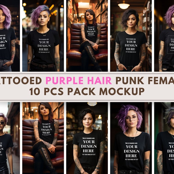 Tattooed Punk Female Model T-shirt Mockup Bundle 10 pcs, Bella Canvas 3001 with  at  Alternative Goth Woman Tattooed Punk Mockup Tshirt pack